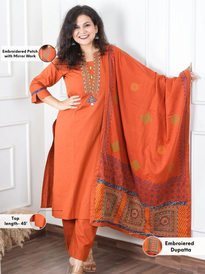 Satvi Rust Orange Embroidered Patch with Mirror Work Cotton 3 Piece Set