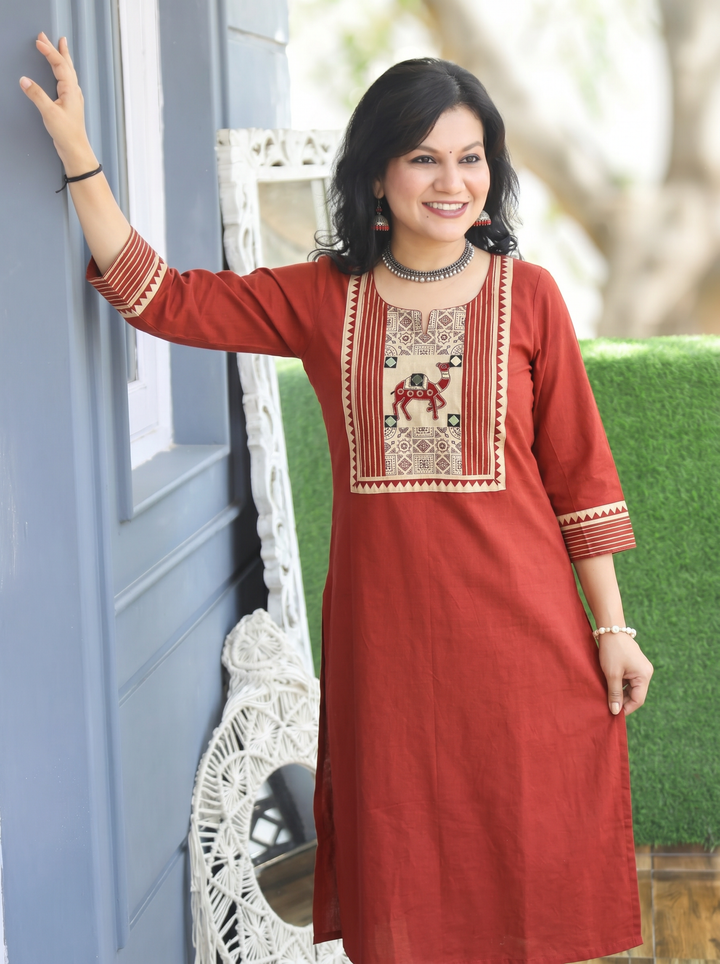 Megha Barn Maroon Mirror Work Camel Yoke Cotton Kurti