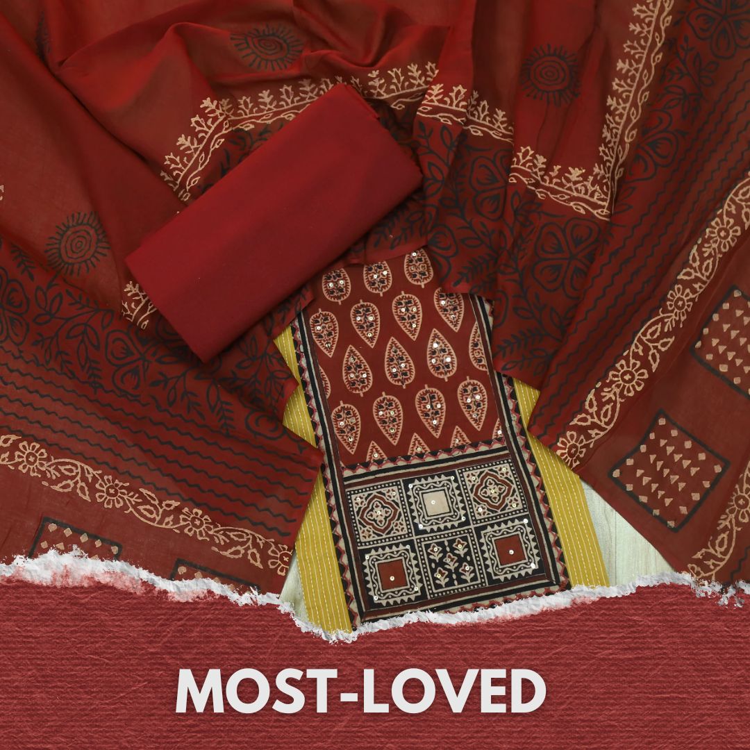 Anokhi Dijon Yellow Ajrak Cotton Top with Printed Dupatta Suit Set