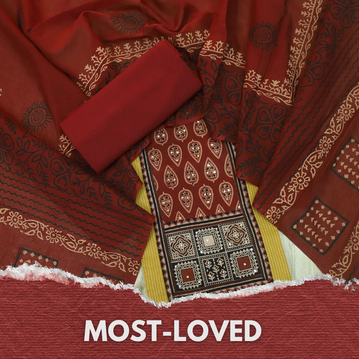 Anokhi Dijon Yellow Ajrak Cotton Top with Printed Dupatta Suit Set