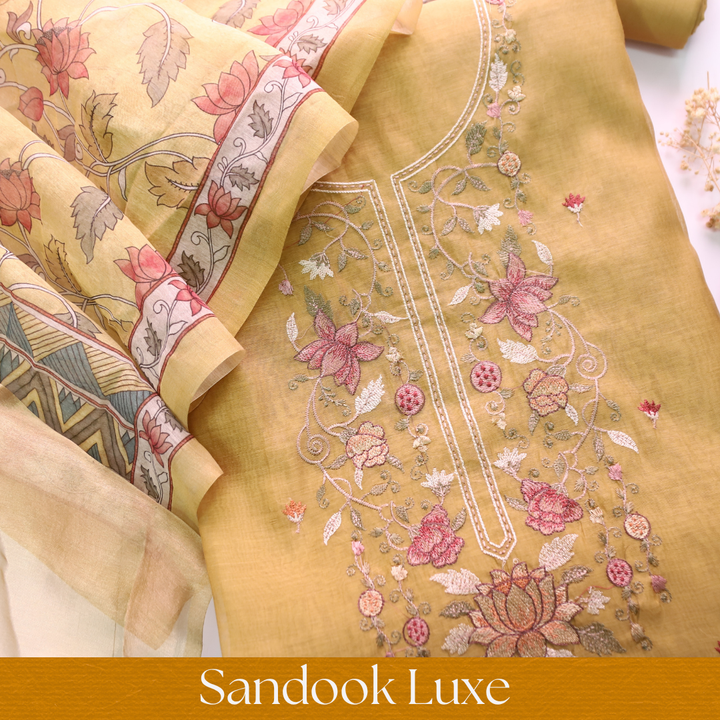 Maria Corn Yellow Embroidery and Zari Mul Chanderi Set