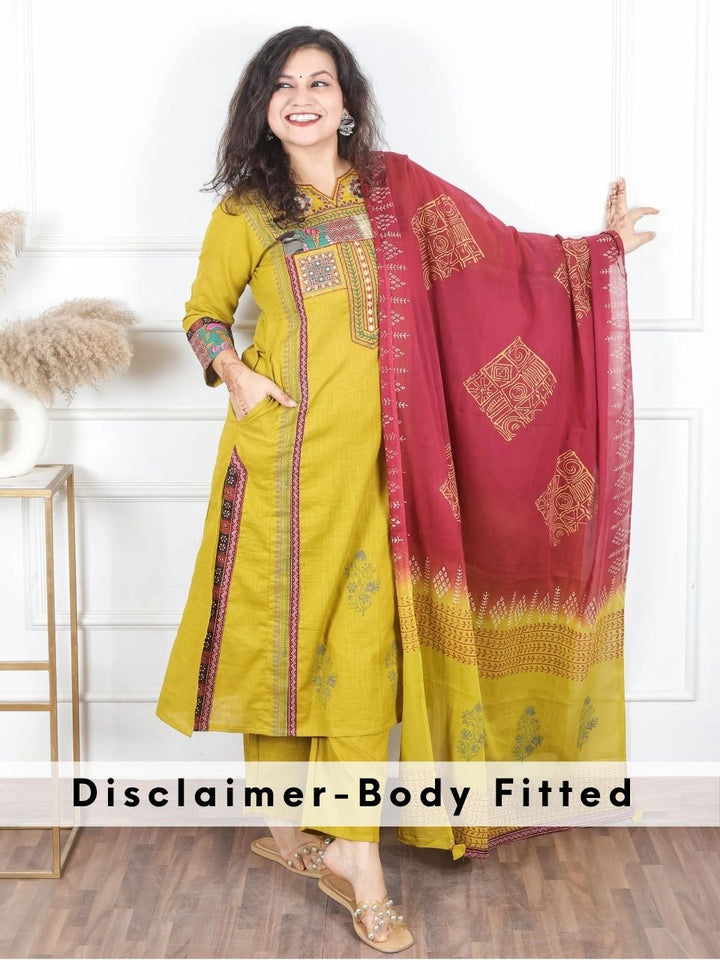 Swaroop Dijon Yellow Embriodered Neck Patch Panel Cotton 3 Piece Set with Pocket