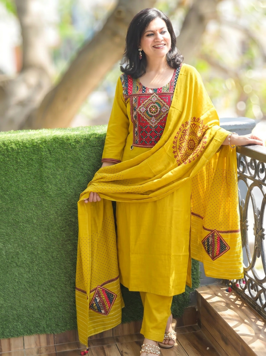 Arya Haldi Yellow Kutch embroidery Modal 3 Piece Set