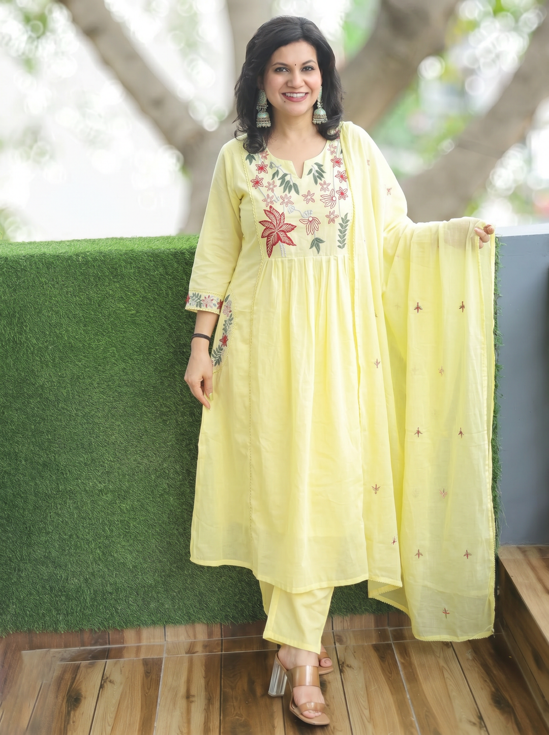 Shiwangi Butter Yellow Blue Embroidered Mul Cotton 3 Piece Set