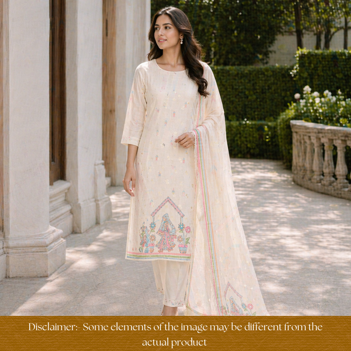 Arya Sand Beige Digital Print with French Knot Work Kota Doriya Set