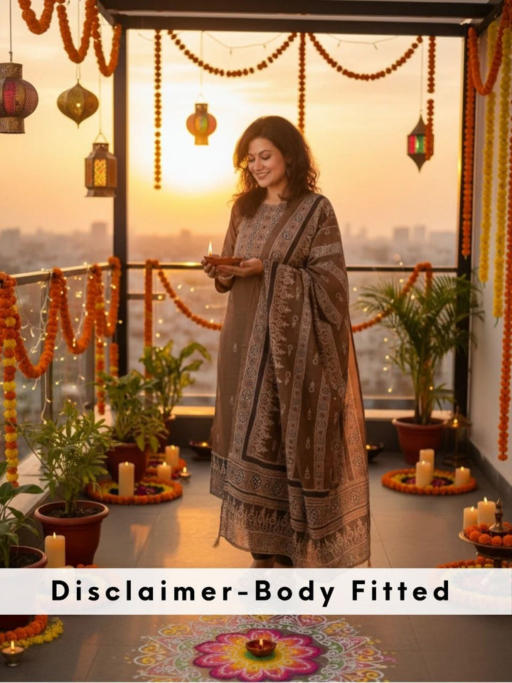 Mivaan Olive Green All Over Digital Printed with Kantha Work Chanderi 3 Piece Set