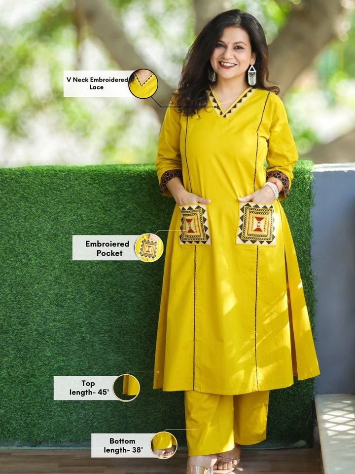 Saiyara Turmeric Yellow V Neck Lace Work with Embroiered Pocket Cotton 2 Piece Set
