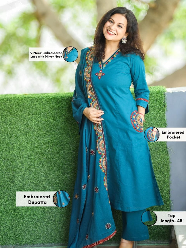Kaveri Cerulean Teal V Neck Mirror Work with Embroiered Pocket Cotton 3 Piece Set