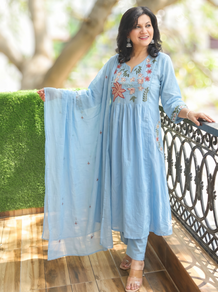 Shiwangi Iced Stone Blue Embroidered Mul Cotton 3 Piece Set