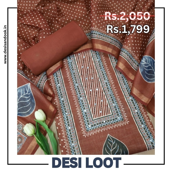 Paalki Burnt Orange Patra in Panel Print Shimmer Tissue Linen Suit Set