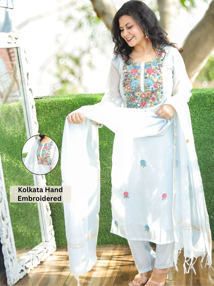 Jane Blue Kolkata Hand Embroidery Kota Doriya Set