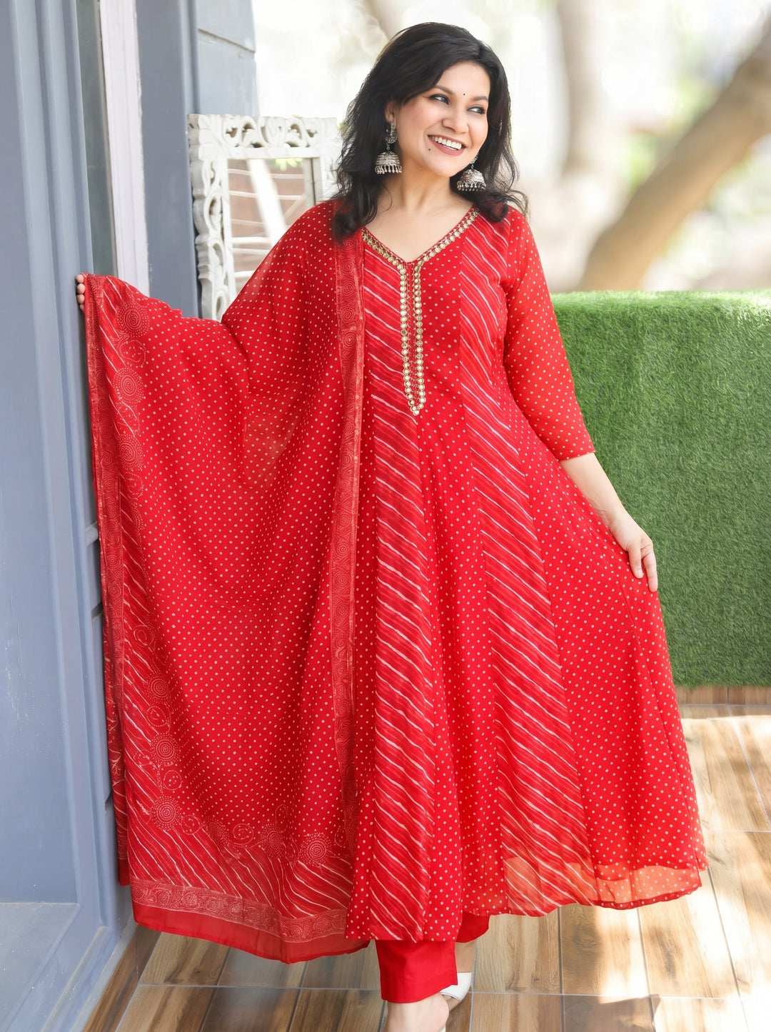 Morni Bride Red Leheriya Mul Cotton 3 Piece Set