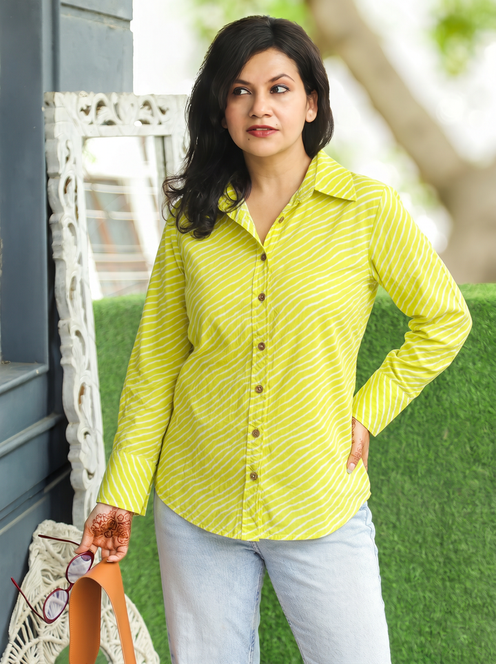 Leher Neon Mint Leheriya Print Wood Button Cotton Shirt