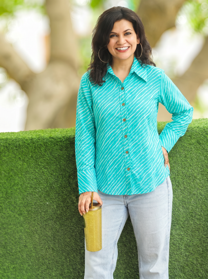 Leher Ocean Aqua Leheriya Print Wood Button Cotton Shirt
