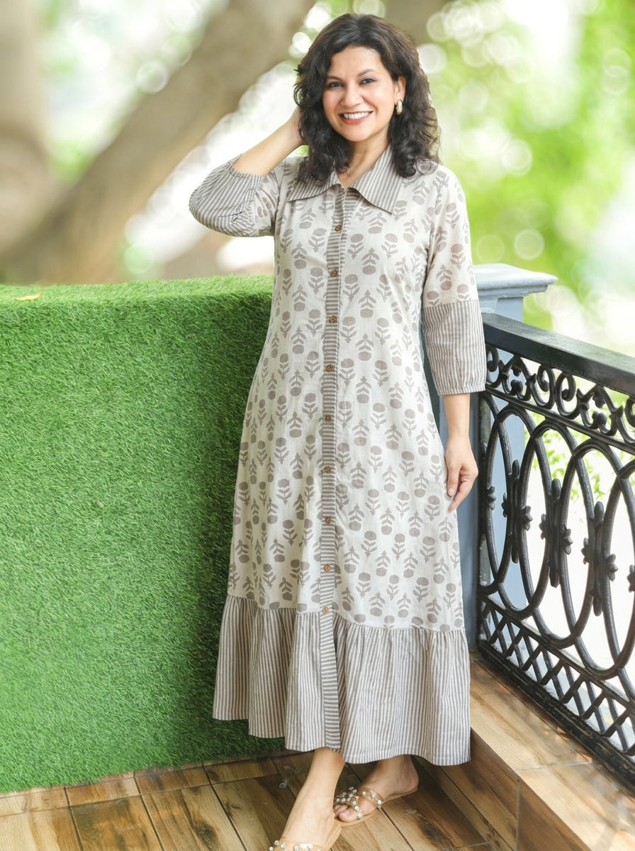 Misya Ice Latte Beige Dabu Printed Button Down Cotton Dress