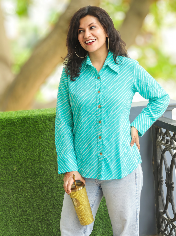 Leher Ocean Aqua Leheriya Print Wood Button Cotton Shirt