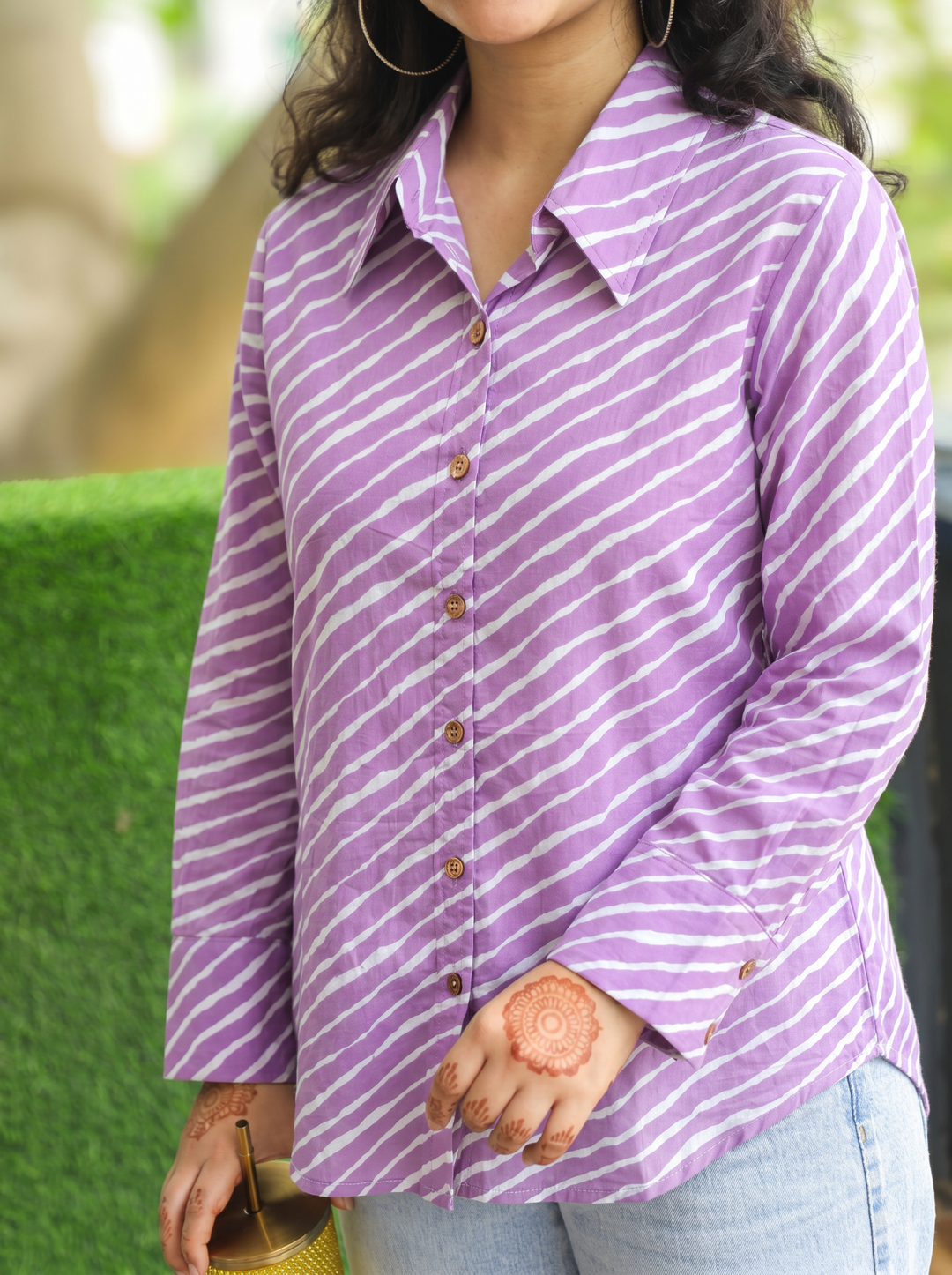 Leher Orchid Lavender Leheriya Print Wood Button Cotton Shirt