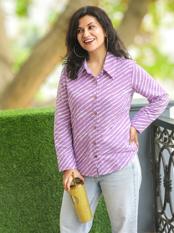 Leher Orchid Lavender Leheriya Print Wood Button Cotton Shirt