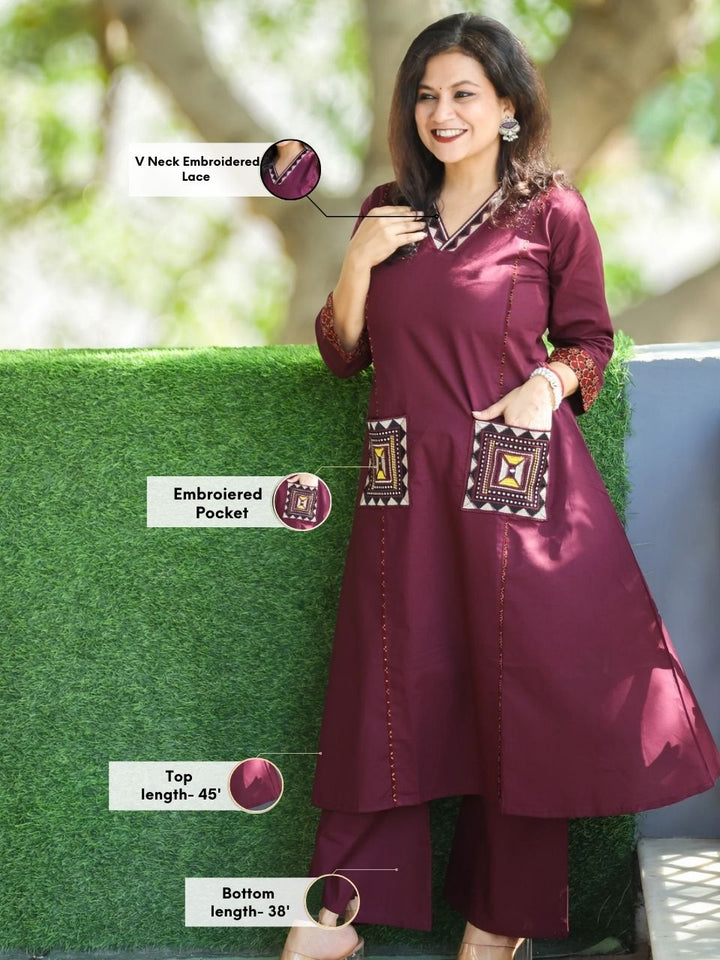 Saiyara Burgundy Wine V Neck Lace Work with Embroiered Pocket Cotton 2 Piece Set