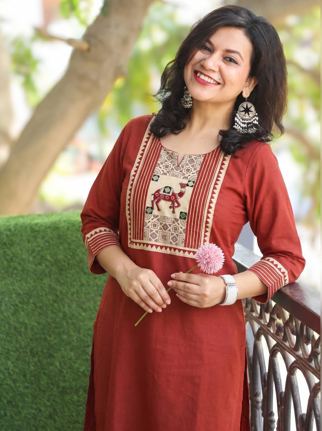 Megha Barn Maroon Mirror Work Camel Yoke Cotton Kurti
