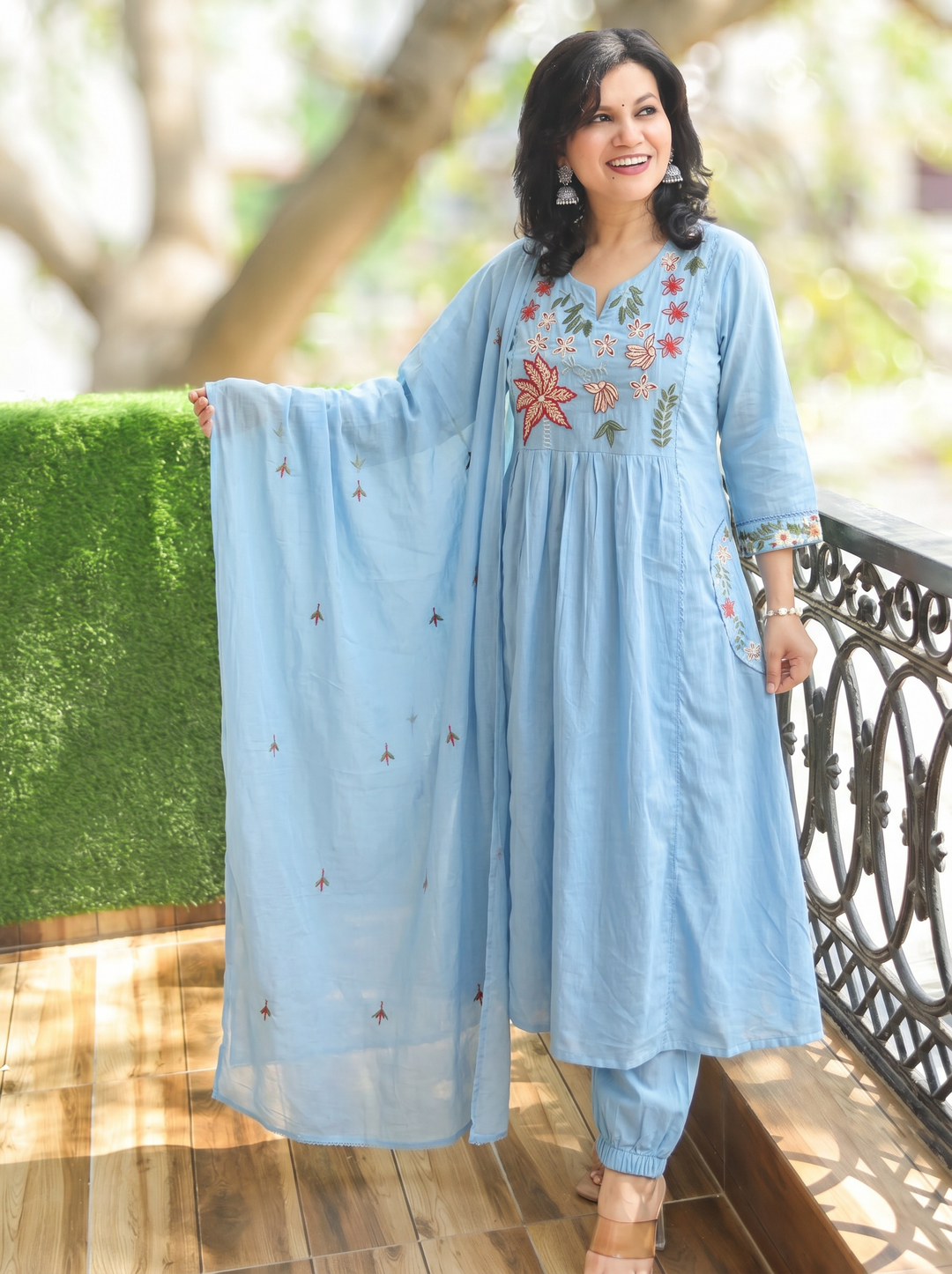 Shiwangi Iced Stone Blue Embroidered Mul Cotton 3 Piece Set