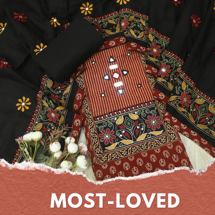 Kudmayi Cherry Maroon Mirror Work In Kutch Work Cotton Suit Set