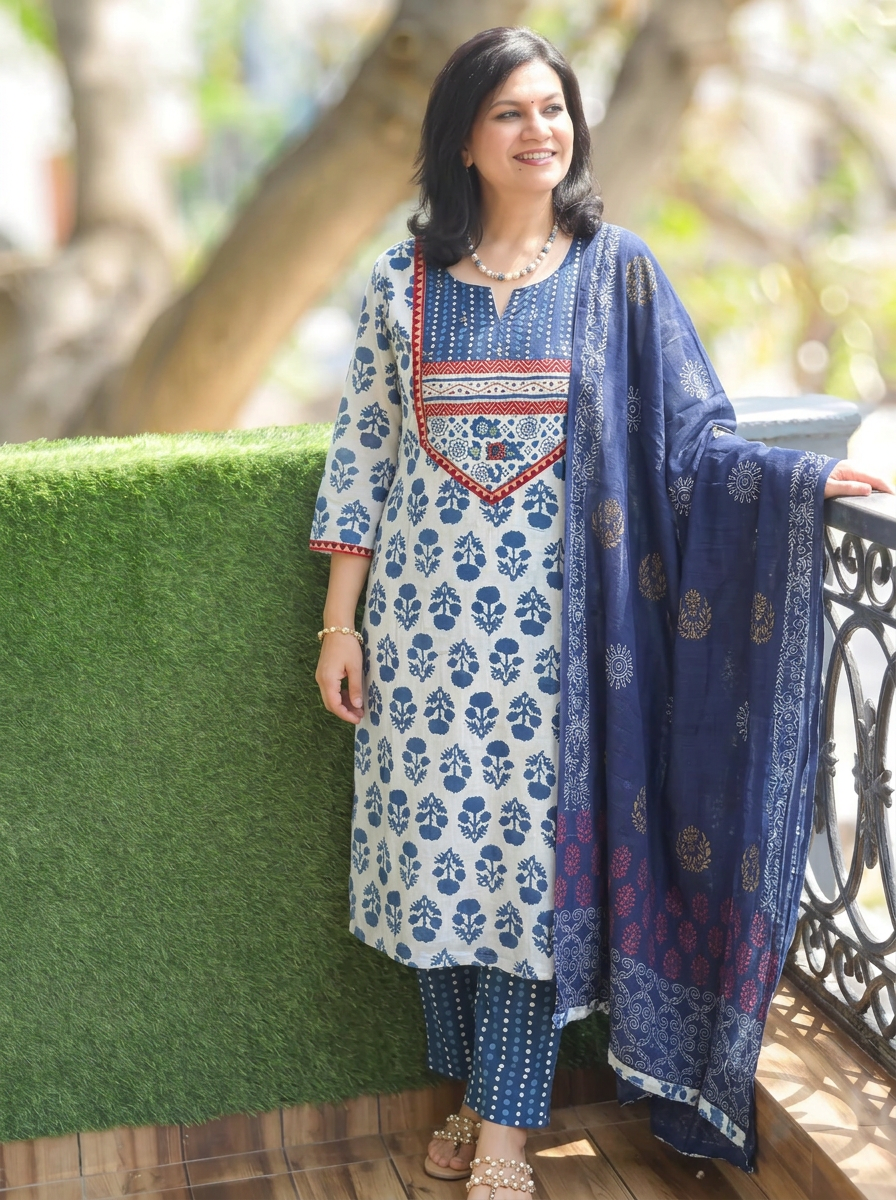 Muskaan Iced Indie Blue Dabu Printed 3 Piece Set