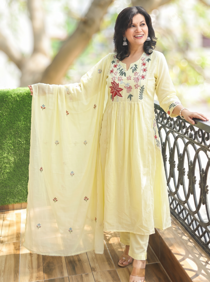 Shiwangi Butter Yellow Blue Embroidered Mul Cotton 3 Piece Set