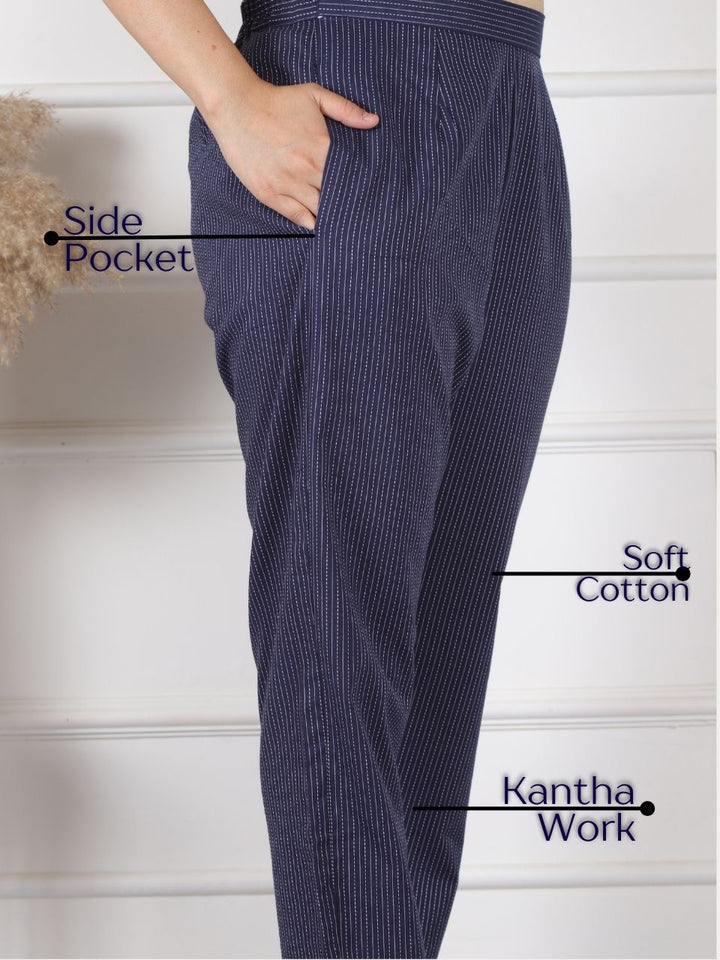 Navy Blue Running Stitch Work Cotton Trouser