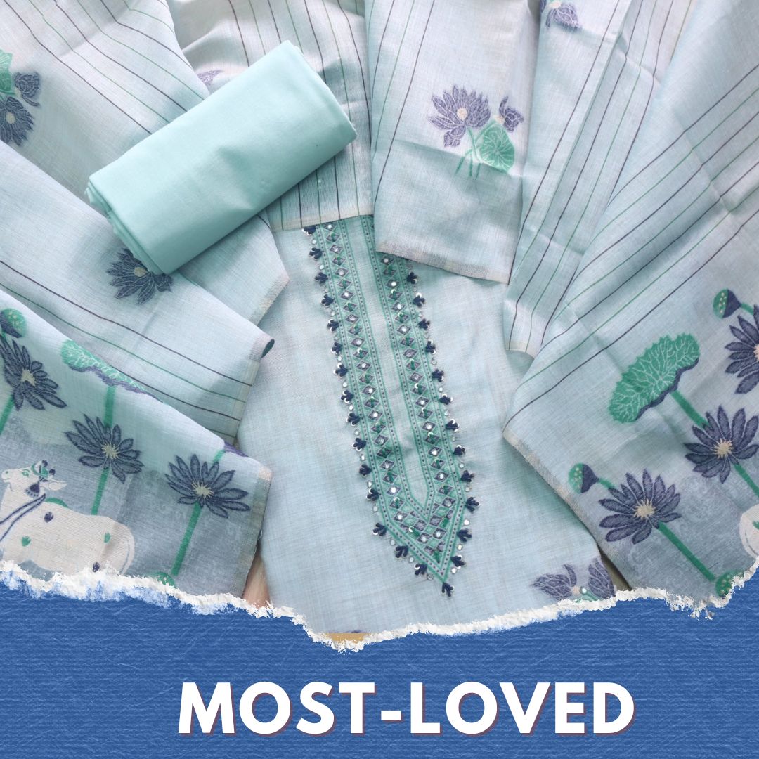 Rubaaroo Sky Blue Thread with Pichwai Jamdani Weaved Suit Set