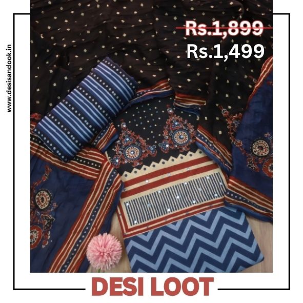 Rivaya Cerulean Blue French Knot Ajrak Print in Leheriya Printed Cotton Suit Set