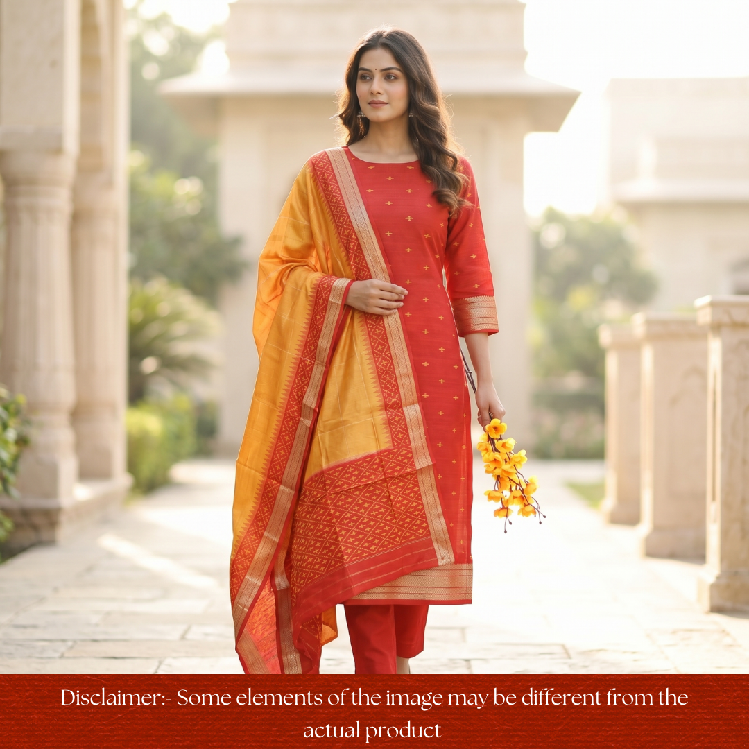 Saheli Bride Red Golden Ikkat Weaved Tussar Chanderi Silk Set