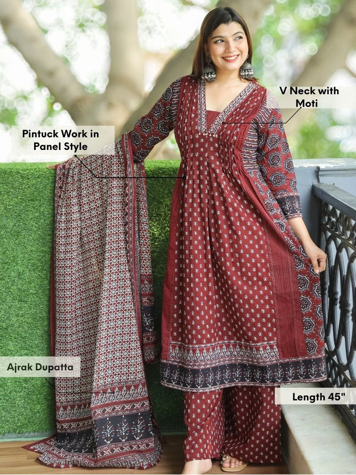 Gamini Maroon Red V Neck Moti and PIntuck Work in Panel Style Printed Cotton 3 Piece Set