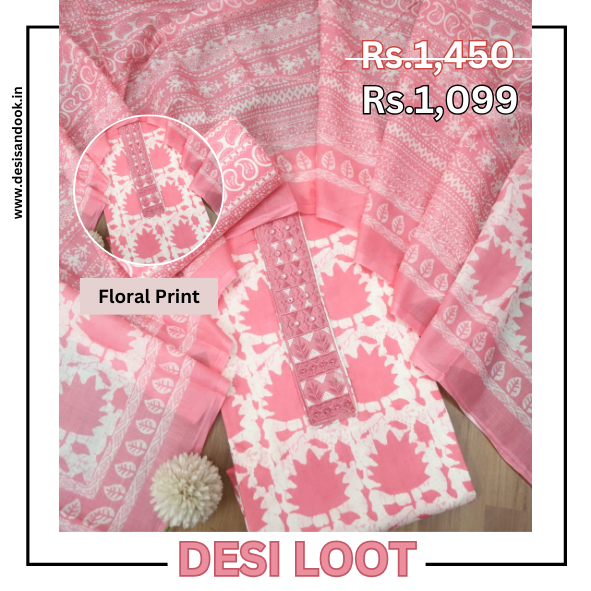 Ulfat Bubblegum Pink Patch Lace Work Floral Printed Cotton Suit Set