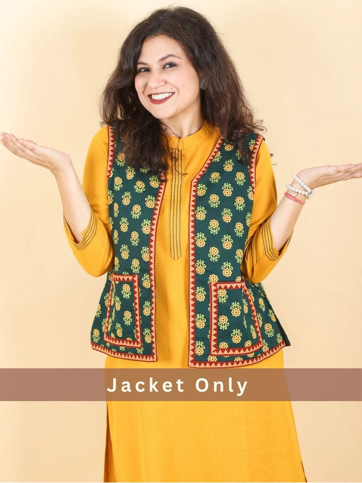 Sejal Sacramento Green In All Over Ajrak Inspired Printed Cotton Jacket with Pocket