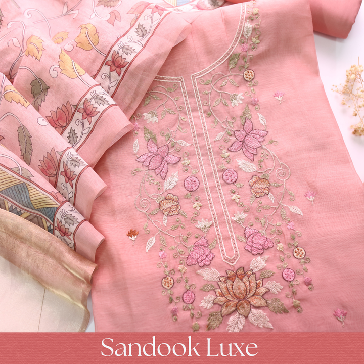 Maria Frosty Pink Embroidery and Zari Mul Chanderi Set