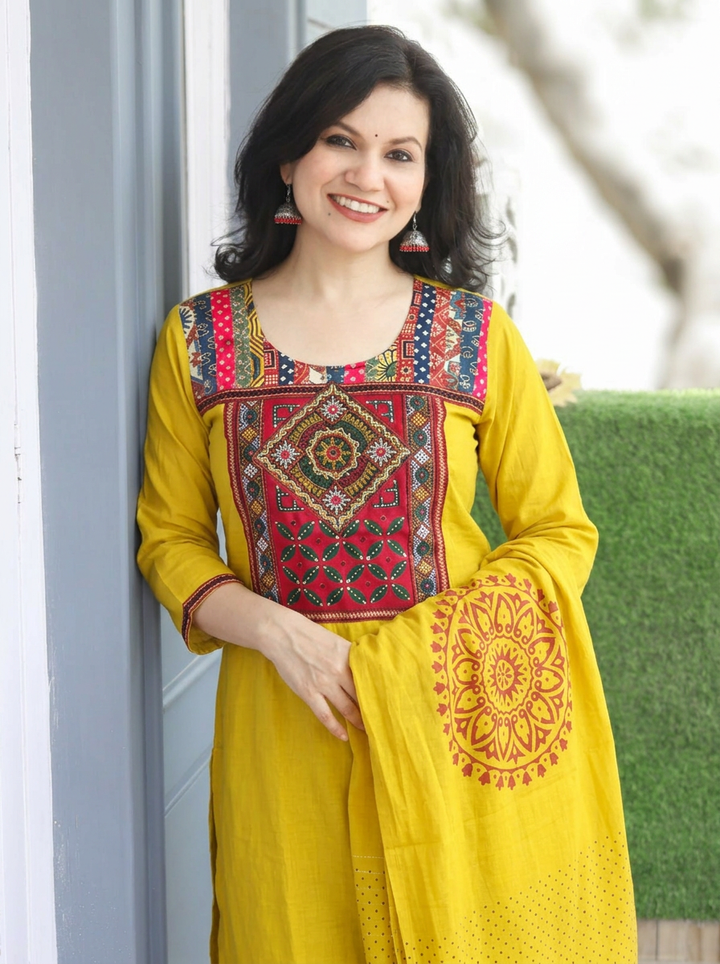 Arya Haldi Yellow Kutch embroidery Modal 3 Piece Set