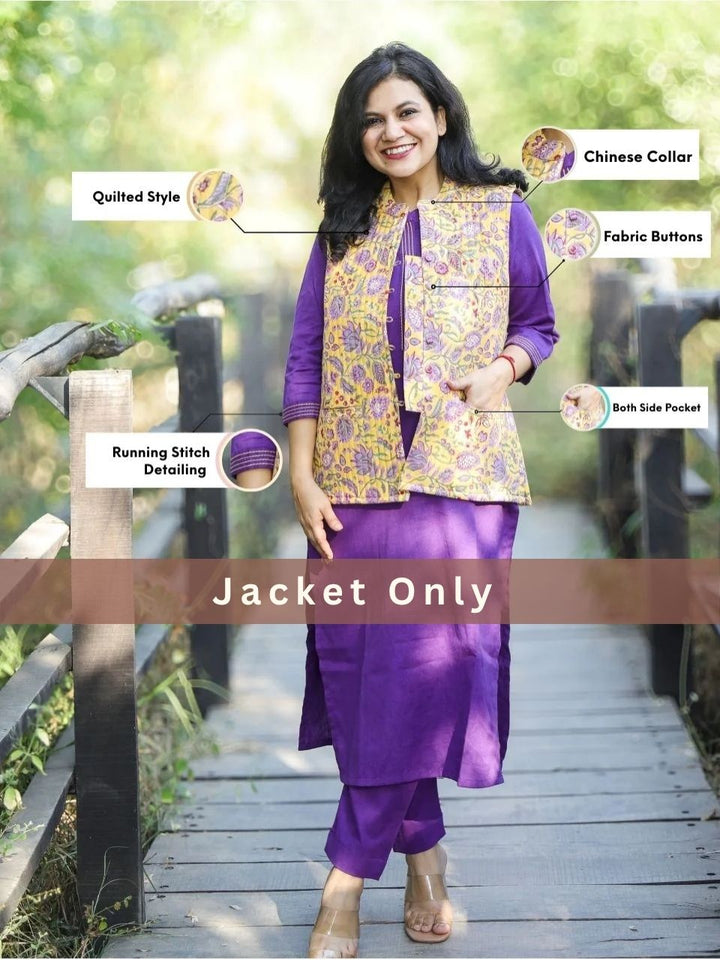 Buttermilk Yellow Kalamkari Printed Quilted Cotton Jacket