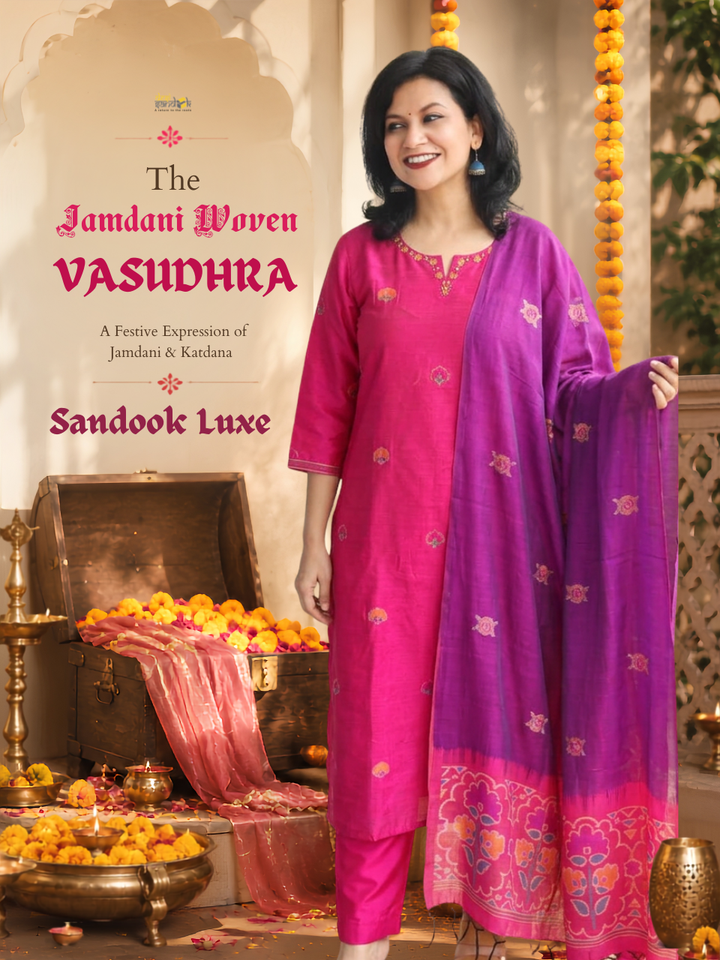 Vasudhra Magenta Purple Floral Jamdani 3 Piece Set