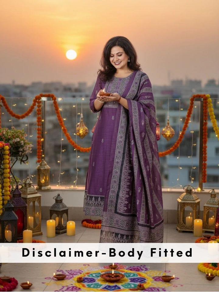 Mivaan Orchid Purple All Over Digital Printed with Kantha Work Chanderi 3 Piece Set