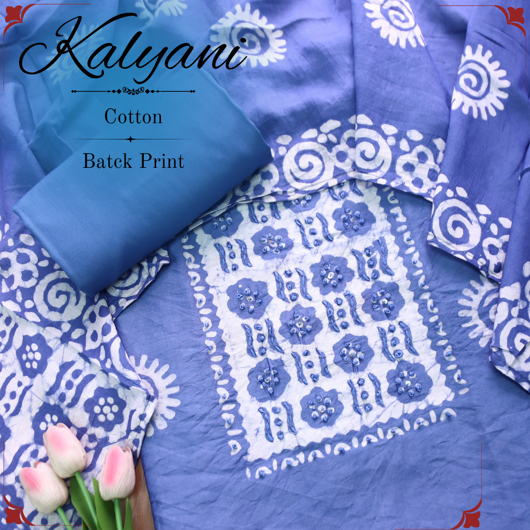 Kalyani  Faded Blue Fench Knot Batik Print Modal Set
