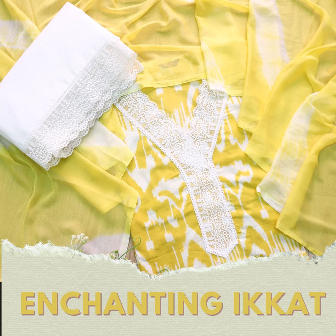 Rukshat Pineapple Yellow V neck Lace Work Ikkat Printed Cotton Suit Set