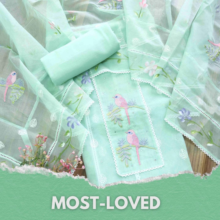 Gulbahar Mint Green Bird Thread Work with Lace Kota Doriya Suit Set