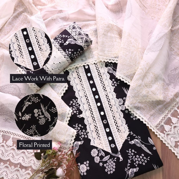 Khuda Ebony Black Lace Work with Patra Work Floral Printed Cotton Suit Set