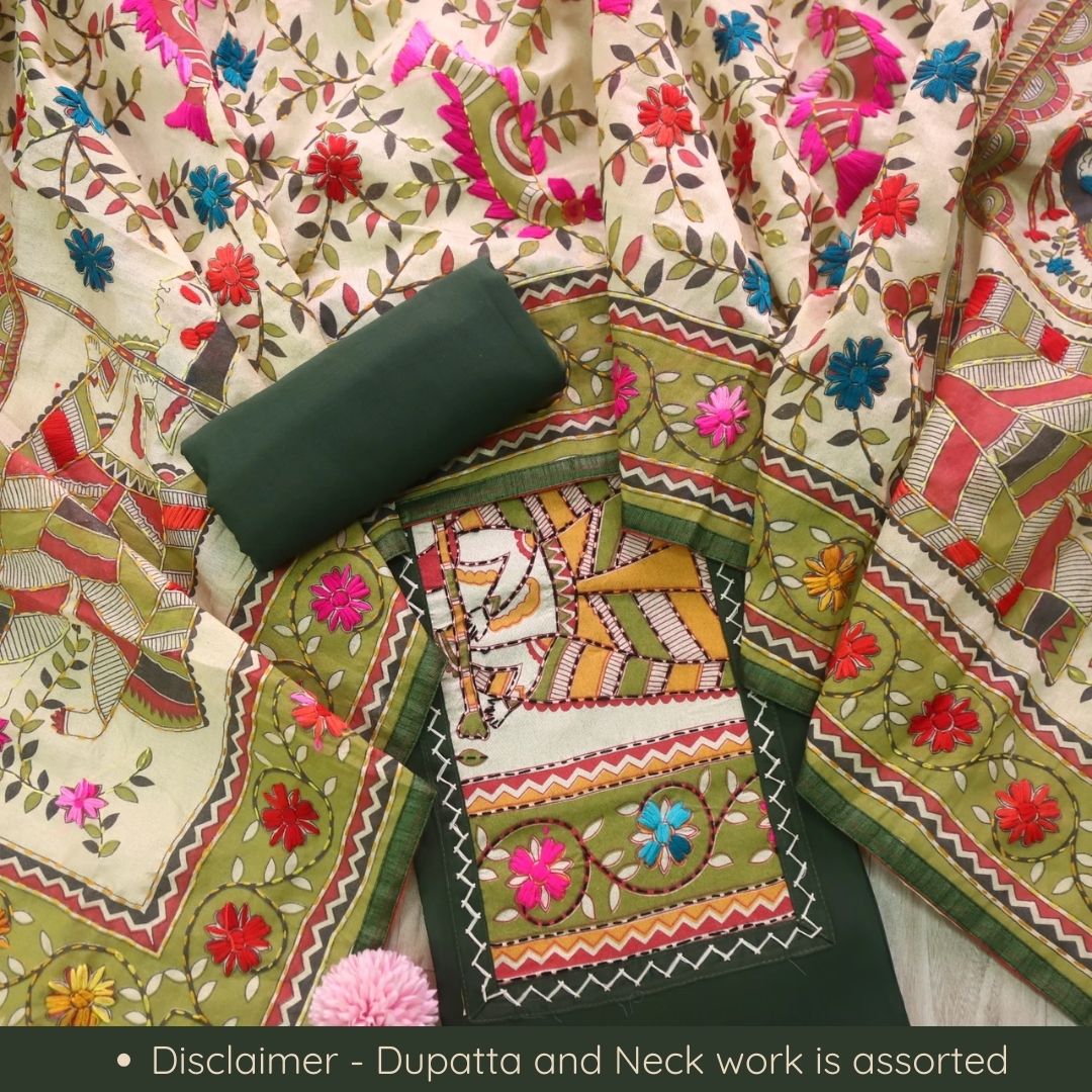 Pankhudi Green Phulkari Work Jam Cotton Top With Art Silk Dupatta