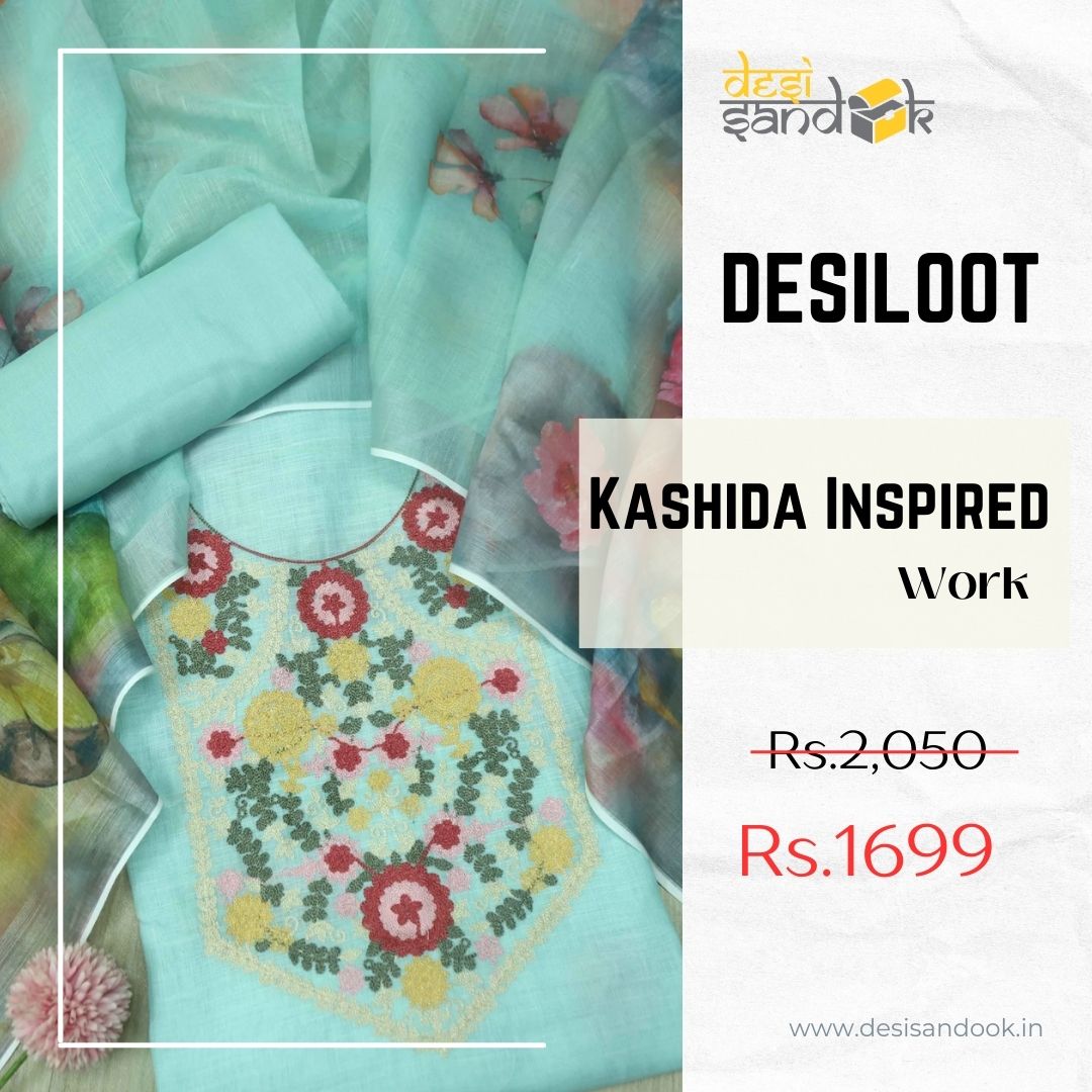 Fitoori Sea Green Kashida Inspired Work Cotton Linen Suit Set