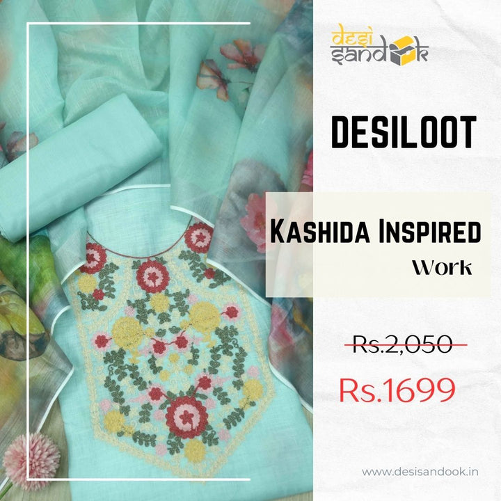 Fitoori Sea Green Kashida Inspired Work Cotton Linen Suit Set