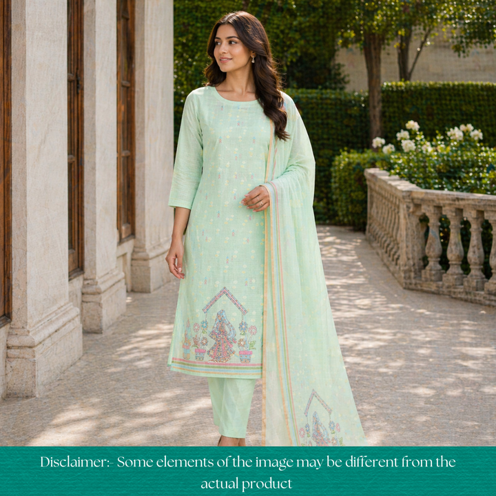 Arya Mint Green Digital Print with French Knot Work Kota Doriya Set