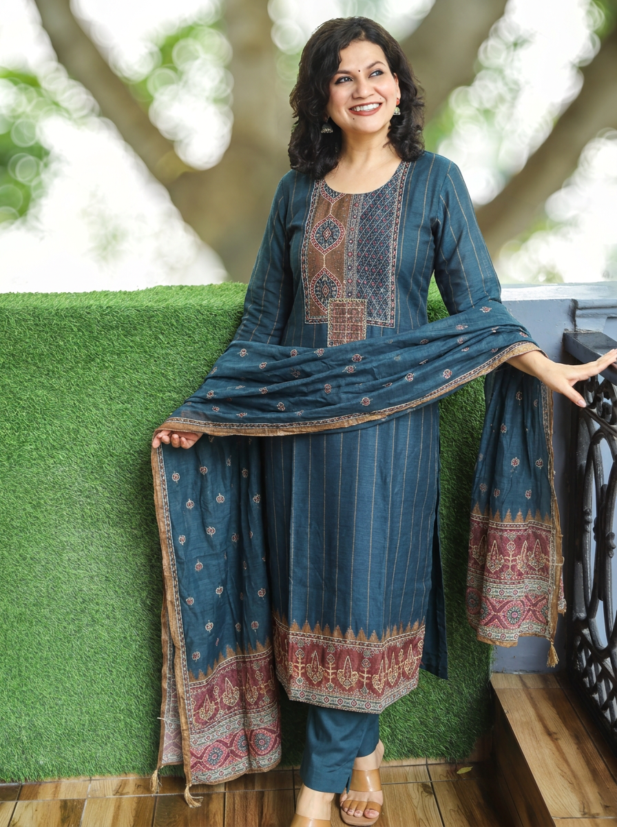 Elisha Navy Blue Kantha Embroidered Chanderi 3 Piece Set