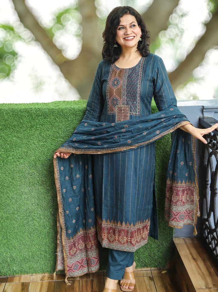 Elisha Navy Blue Kantha Embroidered Chanderi 3 Piece Set